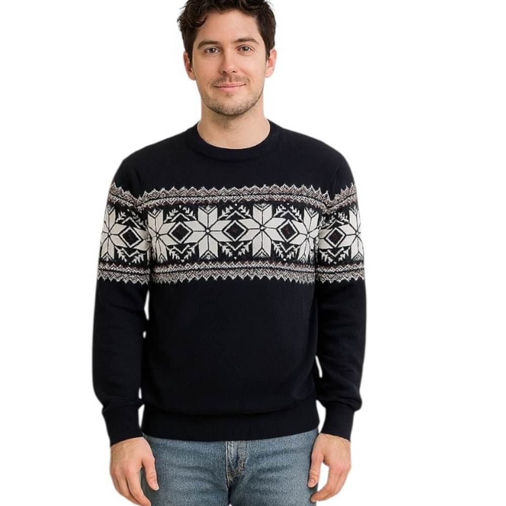 Men’s Aspen Medium Navy Blue Winter Sweater Fair Isle